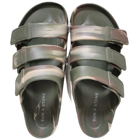 Sun + Stone Men Bowie Triple Strap Footbed Slide Sandals Size US 7M Camo Green - Picture 2 of 4